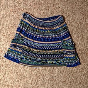 Blue Patterned Stretchy Skirt with Pockets